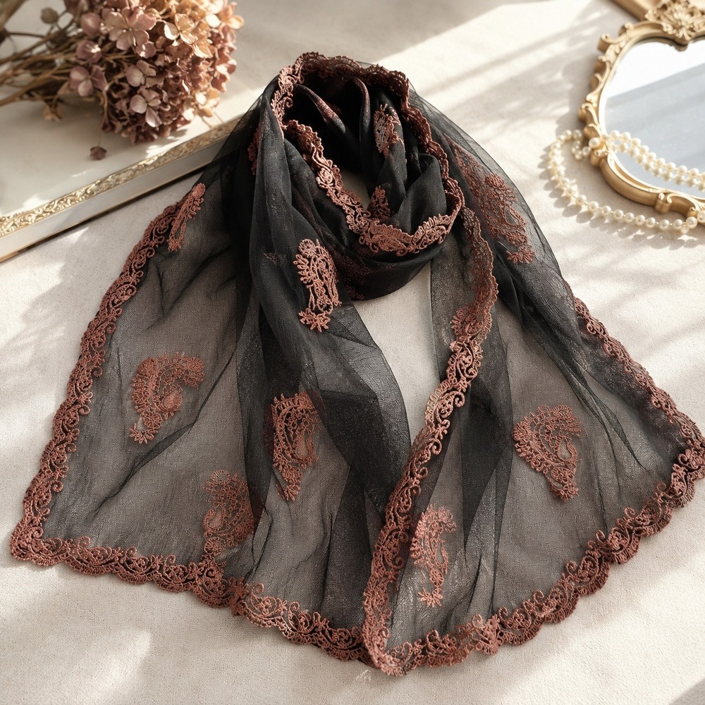 Vintage Sheer Paisley Embroidered Scarf Romantic Boho Cottagecore Dark Academia - Picture 1 of 8
